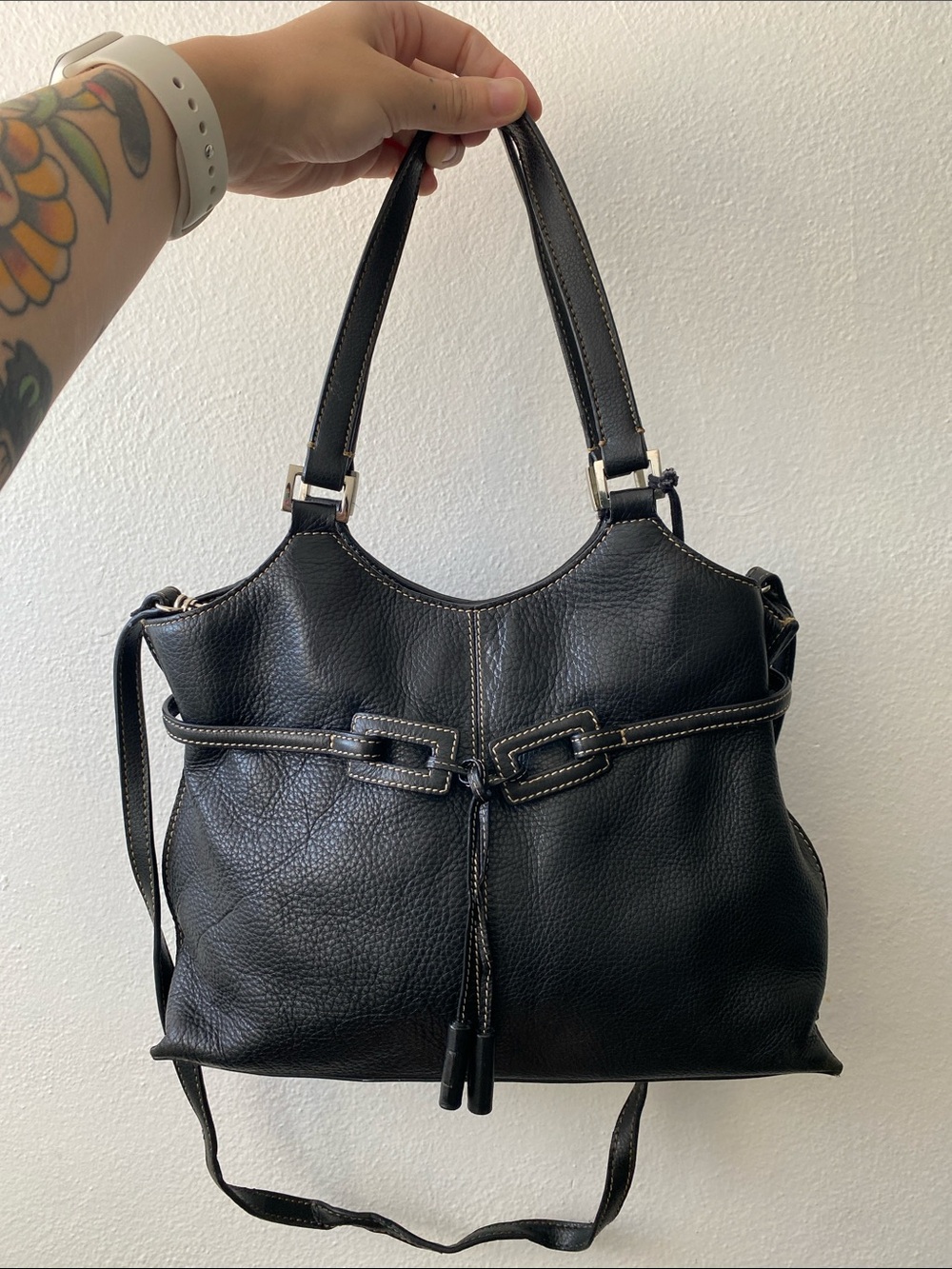 The Sak Black Leather Shoulder Tote with Tassel Detail